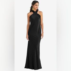 DRAPED TWIST HALTER TIE-BACK TRUMPET GOWN - BLACK